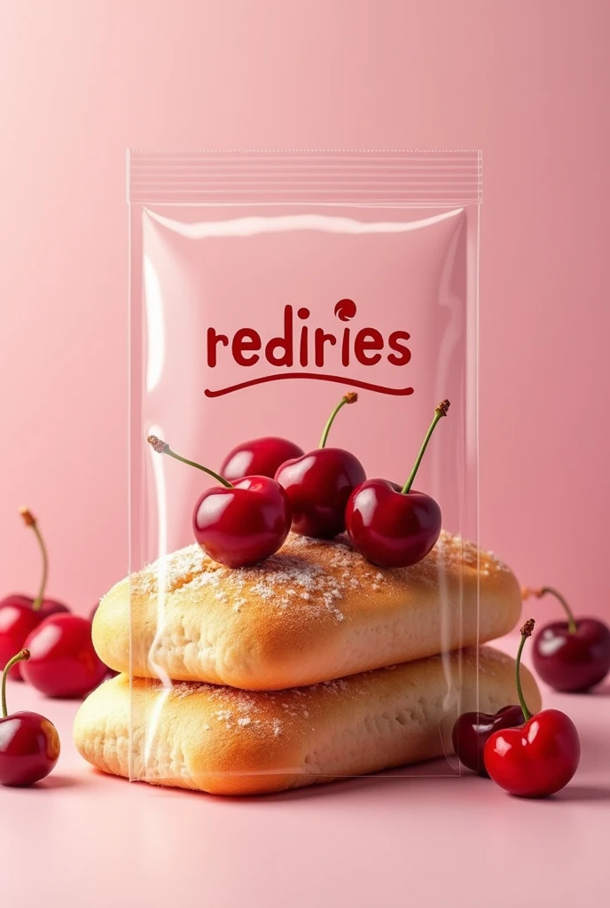 Create a pack plastic of mix of cherry on a bread and brand it "rediries"