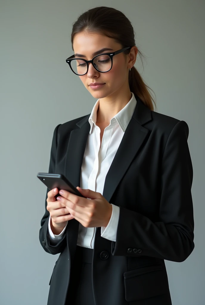 there is a woman in a suit holding a cell phone, a stock photo by Sebastian Spreng, shutterstock, renaissance, wearing a strict business suit, wearing a suit and glasses, girl in suit, girl in a suit, in suit with black glasses, wearing a business suit, wearing business suit, wearing black business suit, business woman, wearing tight suit