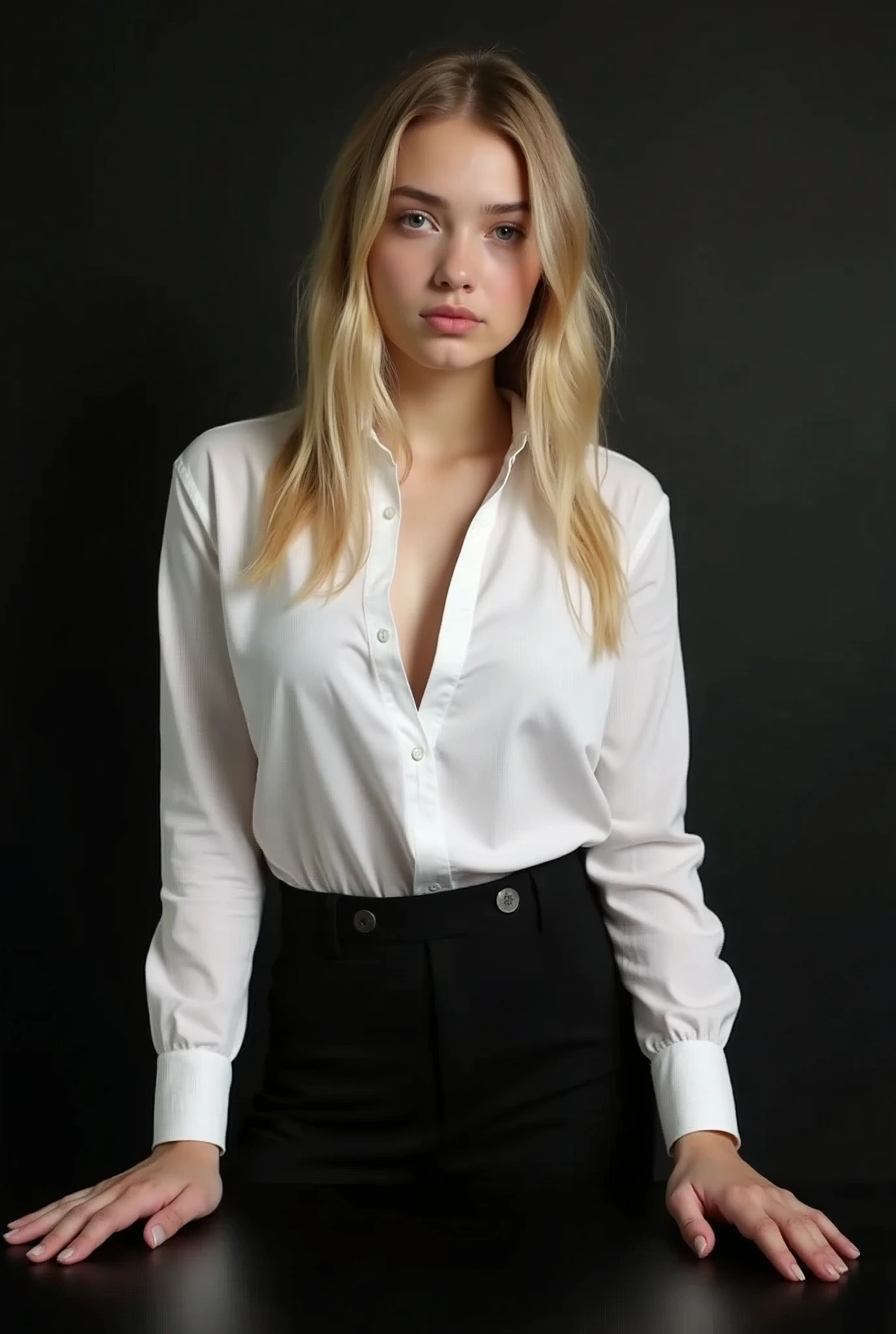 a 16years old , blonde, white shirt,black short skirt, super huge boobs(34 E CUP) ,very white skin tone ager ,standing behind a black table, the back ground is a black wall
taking a realistic far view photo