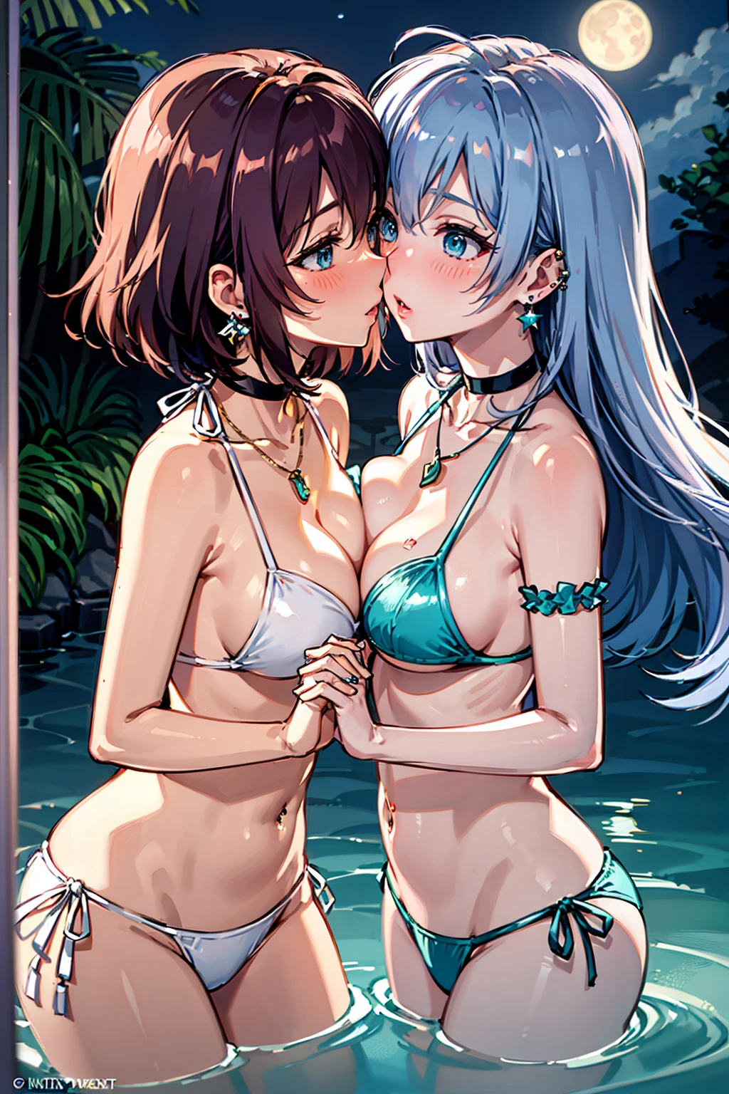 (high detail, high quality, best picture quality, masterpiece), Pale, moya, multiple girls　from above　at a medium distance　in a rule of thirds composition　Two cute Girls　Night sea　moon　moonlit sea　dark　Backlight　(The girl on the right is short and has a medium bust/Blue eyes/brown ponytail)　(The girl on the left is tall and has a large bust/Red eyes/purple hair/princess cut, long hair)　(Facing each other and holding hands)　(Place your other hand around the other persons waist)　(White or floral bikini)　shiny glossy iridescent clothes　shiny glossy latex gradient iridescent bikini　shiny reflective bikini　(((Close Face)))　((Face to Face))　((Kissing Soon))　Face to face　Gazing at each other　((Right before the kiss))　On the brink of kissing　Embarrassed expression　Blushing　Half-Closed Eyes　Wet body　(Choker or pendant)　(Earrings or pierced earrings)　Alternating Breast Size　Bouncing Breasts　Dangling Breasts　