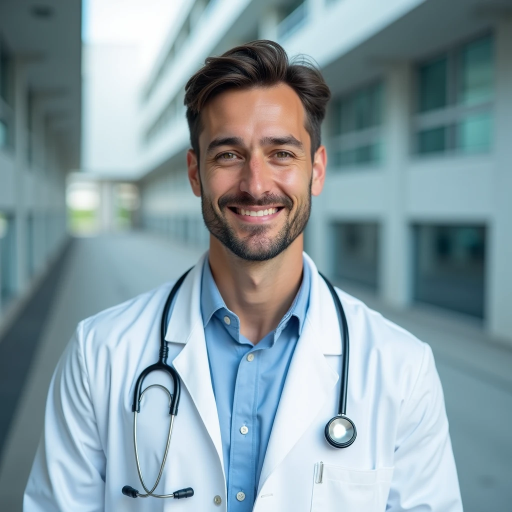 Can you create a profile picture for a 30 year old doctor in medical school? The doctor has a white coat and a stretoscope around his neck. I wan t to realistick. with the hospital in the background.
