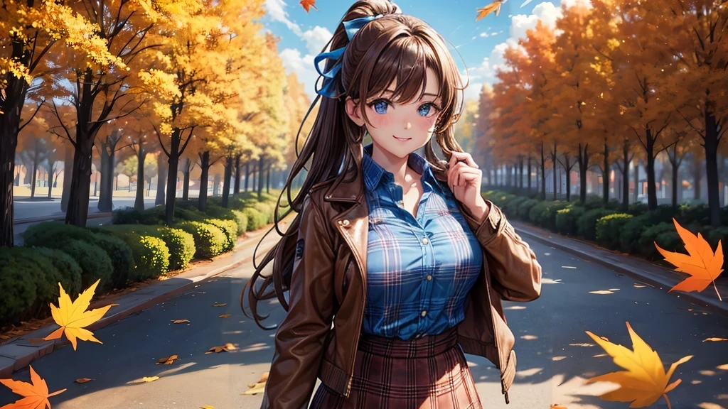 1girl, solo, trees, sun, clouds, autumn, colorful trees, falling leaves, ((brown hair)), ponytail, large breasts, ((brown leather jacket)), button down shirt, ((blue checked shirt)), ((unbuttoned shirt)), unbuttoning buttons, cleavage 1:3, blue eyes, long skirt, brown boots, smile, happy, looking at the viewer, walking, hair ribbon, golden necklate