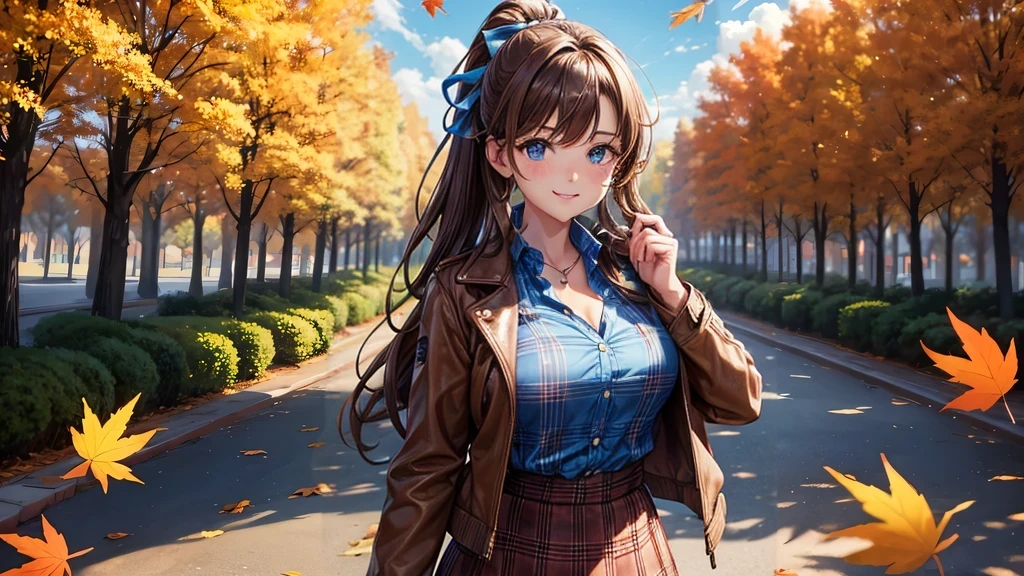 1girl, solo, trees, sun, clouds, autumn, colorful trees, falling leaves, ((brown hair)), ponytail, large breasts, ((brown leather jacket)), button down shirt, ((blue checked shirt)), ((unbuttoned shirt)), unbuttoning buttons, cleavage 1:3, blue eyes, long skirt, brown boots, smile, happy, looking at the viewer, walking, hair ribbon, golden necklate