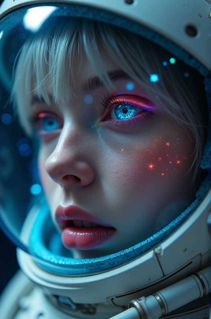 (Close-up of a better masterpiece:1.5)0.9], (Space and astronauts:1.2) (Messy silver hair:1.1) (Heterochromia xanthochromia and blue eyes:1.2) (Space Helmet:1.0) (Colored stars in the eyes:1.0) (A radiant glow:1.1) (thick lips:0.9)