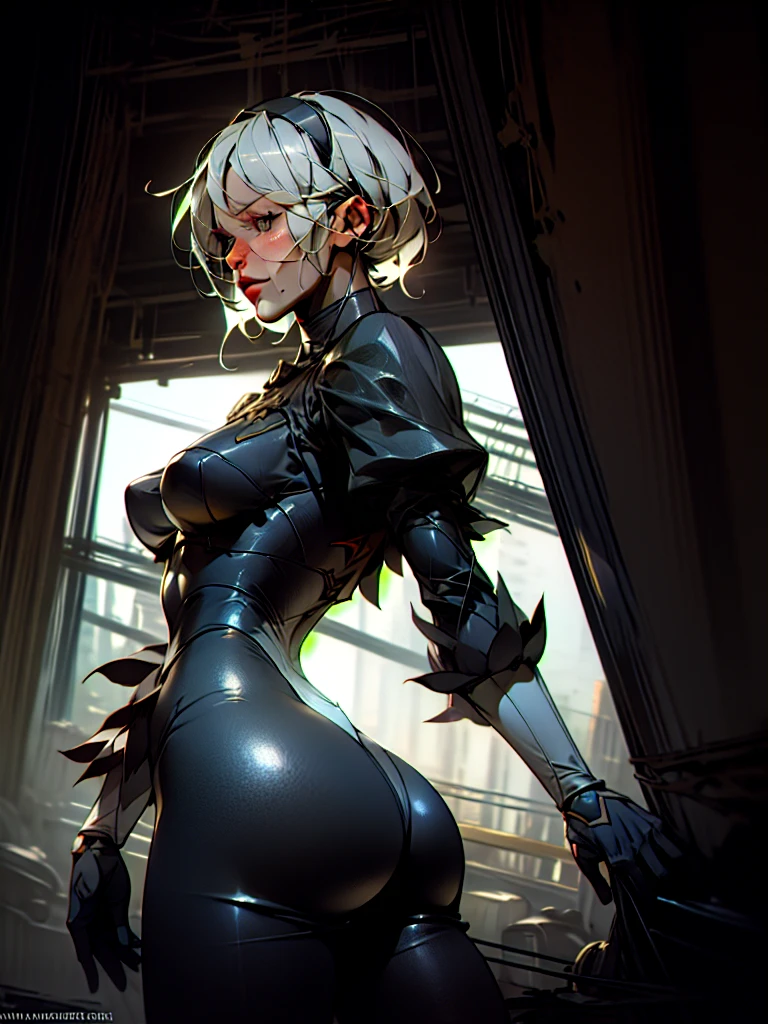 masterpice,photorealistic, detailed face, detailed eyes, detailed lips, beautiful woman, hourglass figure, natural lighting, high quality, hyperrealistic, 8k, cinematic, dramatic lighting, chiaroscuro, neoclassical, oil painting,dramatic light,abadon city,2b,nier automata, silver hair,headband,detailed leg,detailed skirt,gundam mobil suit armor,cybrog suit,pantie, rain,sweat skin,ass,ass focus