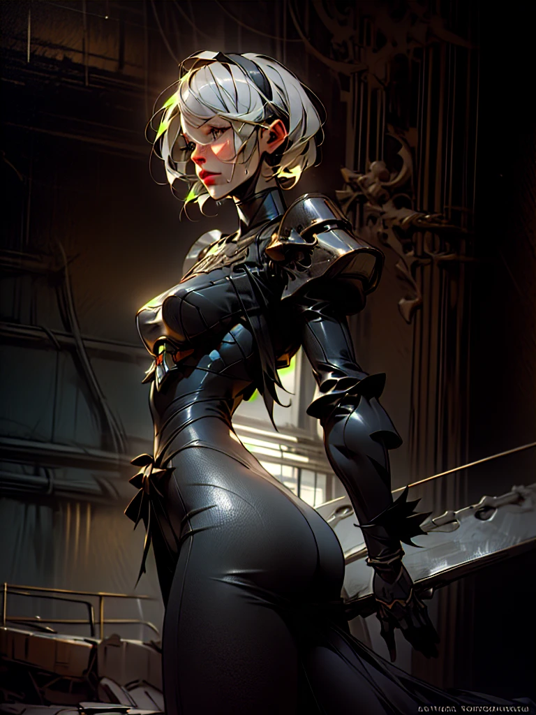 masterpice,photorealistic, detailed face, detailed eyes, detailed lips, beautiful woman, hourglass figure, natural lighting, high quality, hyperrealistic, 8k, cinematic, dramatic lighting, chiaroscuro, neoclassical, oil painting,dramatic light,abadon city,2b,nier automata, silver hair,headband,detailed leg,detailed skirt,gundam mobil suit armor,cybrog suit,pantie, rain,sweat skin,ass,ass focus