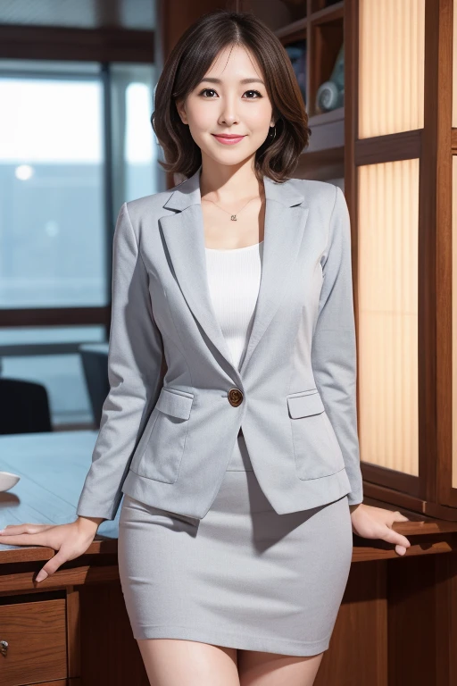 Beautiful Japanese Woman、Beautiful mature woman、Classy sex appeal、sexy、cotton tight skirt、blazer、8K high resolution、sexyな胸元、smile、Round face、Backwards、Beautiful legs、Beautiful thighs、