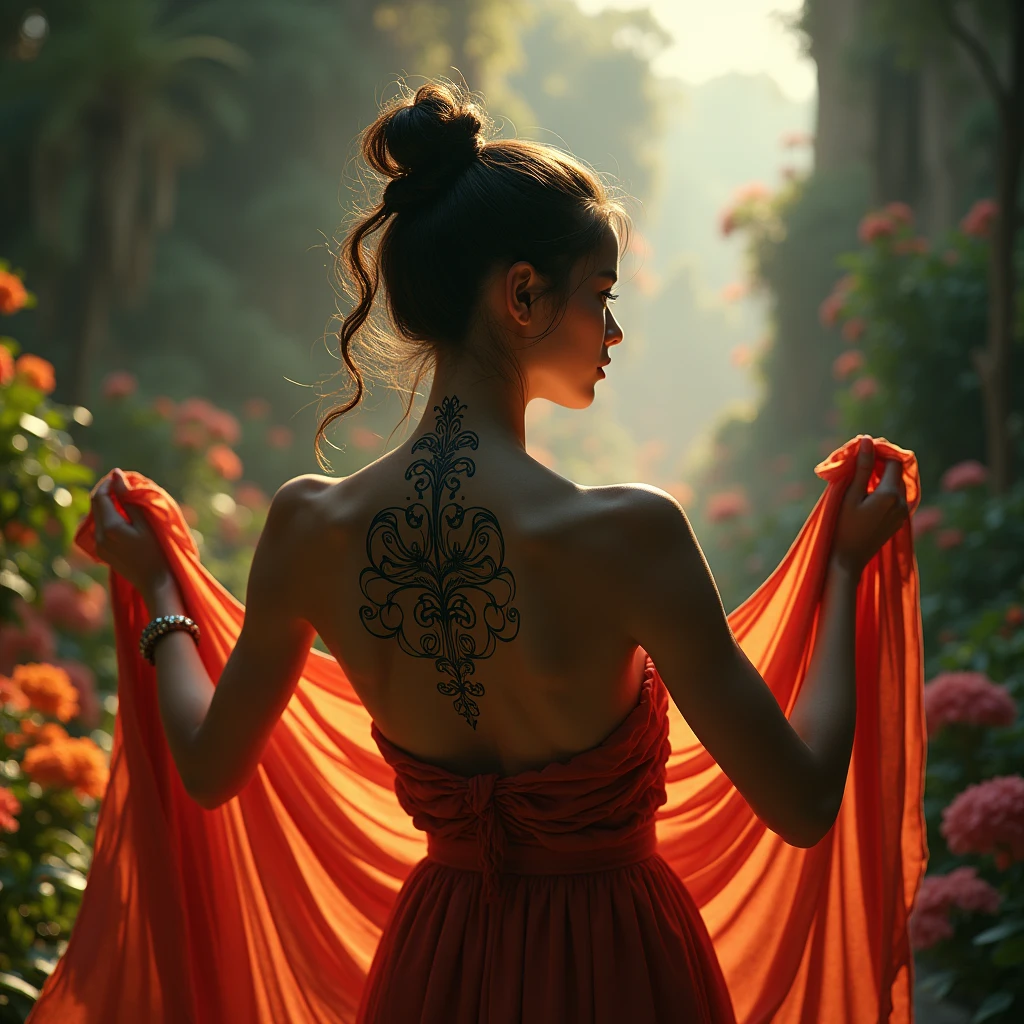 A unparalleled beautiful young woman from behind showing her beautiful black intricate tattoo intricate tattoo design, only her back is visible, detailed background, grabbing colorful hanging fabrics, HDR, jeans pants, very detailed and sharp, insane professional photorealistic, skin delicate, perfect lighting, dramatic composition, elegant pose, stunning background, insane cinematic atmosphere, ((back view)), ((full body)), magnificent scene, detailed environment, highly detailed environment deep path Equirectangular garden nature, insane (((insane UnrealEngine5,top Masterpiece,ultra highdef, insane Professional Photorealistic,optimal ultra sharp-focus,max,ultra high-quality,opengl-shaders,symmetrical,ultra high-details,accurate reflex,ultra highres, perfection volumetric,Cinematic_Sunlight,improved Octane_render,XT3,DSLR,3dcg shadow, analogiques, extatiques, high saturate, reflection))),dazzling Will-o'-the-wisp,global luminescence, --v 6 --s 1000 --c 20 --q 500 --chaos 100