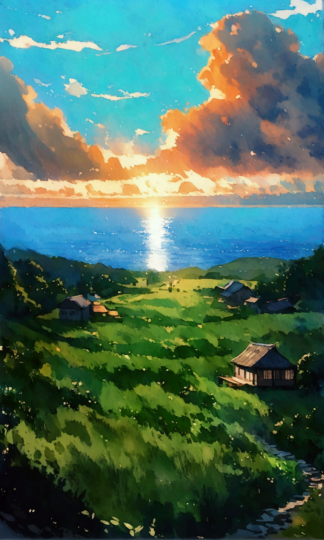 Anime-style portrayal of an idyllic morning landscape, paddy fields blanketed in a rich shade of green against a backdrop of a village house, the vast sea stretching into the distance, dark blue clouds gathering overhead, sky tinged with soft hues of blue, hyperrealistic, photorealistic digital watercolor with a loose touch, wide shot composition, dramatic lighting, ultra-fine details.