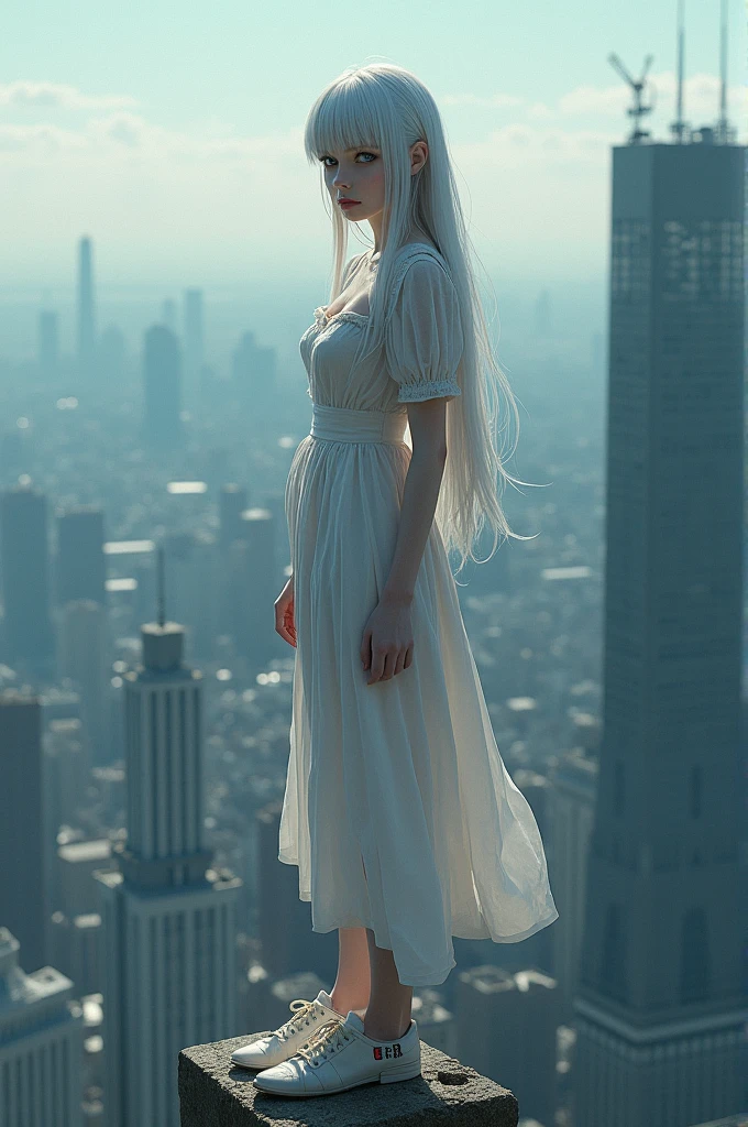 Create a girl of about from 1,66 tall, beautiful with fine and delicate features, with eyes of different colors, with snow-white skin and pink hues, with a slim hourglass-shaped body, with white hair down to the waist, with a serious expression on his face, showing the whole body, that she is on the edge of a very tall building where you can see the building where she is standing in the city and that she is looking down with an expressionless face with a very slight smile , and with clothes from the anime hunter x hunter