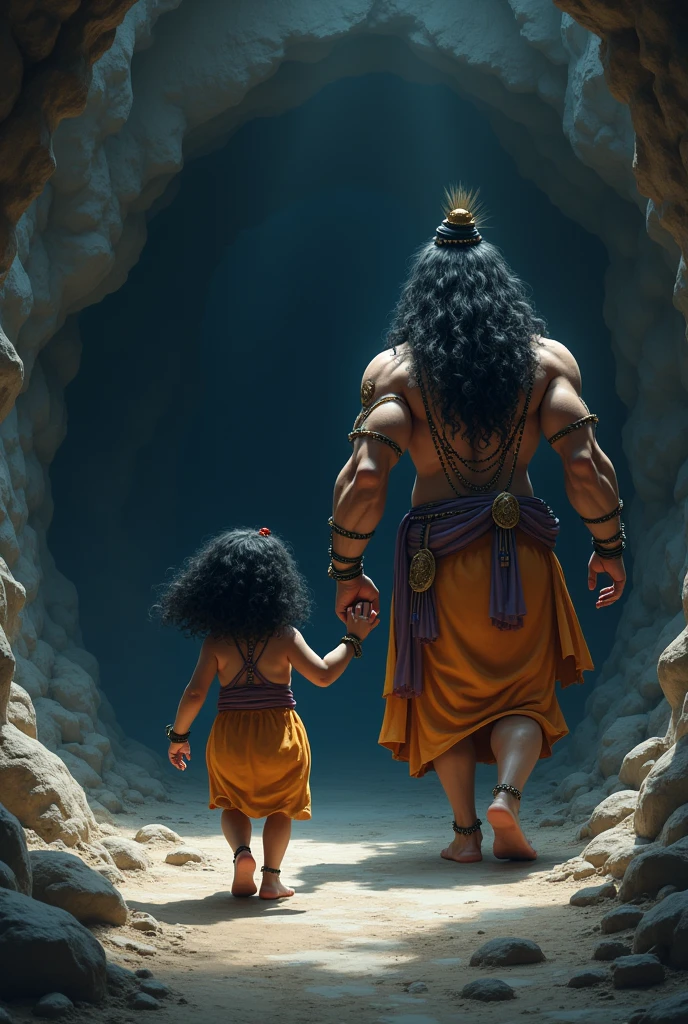 Girl, chubby, curly shoulder length side parted hair, walking into caves, holding hands with mascular aghori lord shiva,