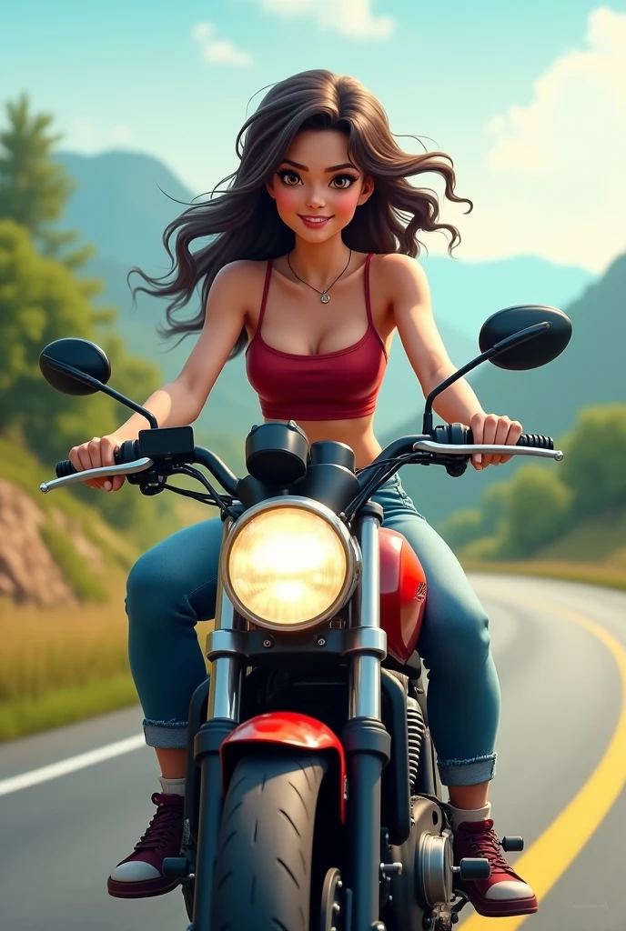 A 18 years old girl with half hand top and jeans wearing riding in bike pic