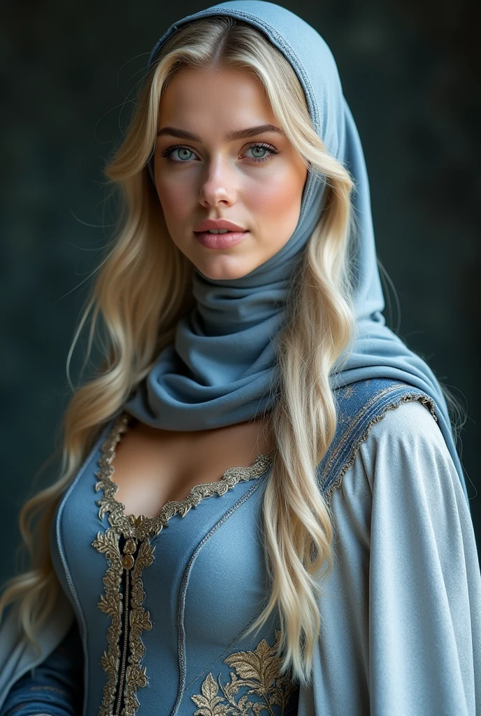 Wearing a hijab. Luxury hijab. Blue eyes. Blonde hair. About 17 years old. (Blonde). Masterpiece. Best quality. High resolution 8K. ((Portrait)) (Upper body). Original photo. Real photo. Digital photography. (Female princess in medieval fantasy style.) Sexy princess. Blue eyes. Very big breasts. Big round breasts. Open kissing lips. Your mouth is smiling and charming. ((Blushing)) Insulting virgin. Calm and handsome. (Medieval fantasy costume. Beautiful big round breasts. Small waist. Perfect big breasts of the princess body. Delicate blue pattern. Silver cloak.) (Medieval prince character. Medieval fantasy style. Reflective texture. oc render. Fighting style. Sexy garden face. Medieval castle background. Slender body. Very small waist.