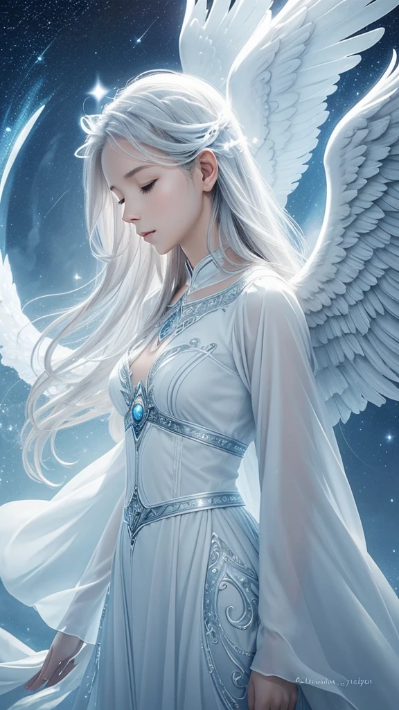 Design a mystical and serene cover featuring a guardian angel with soft glowing wings, surrounded by ethereal light. Include elements like clouds and stars to enhance the celestial theme. The title 'Guardian Angels AUDIOBOOK' should be prominently displayed in an elegant, readable font, with a calming color palette of blues and whites."