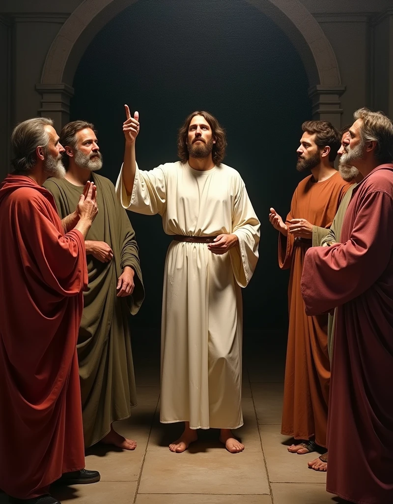 Jesus teaching the apostles, classical painting, dark brush strokes, finger pointed upwards, HD, 8x, vivid colors, 