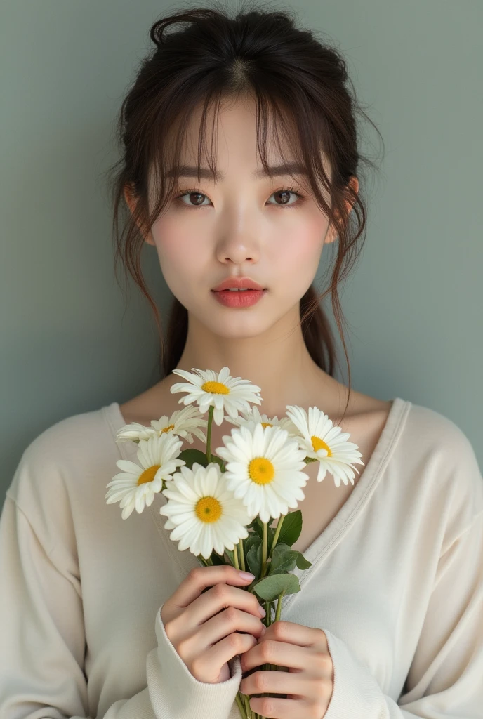 The pretty Asian woman was holding the flowers in her hands, Korean Model, real photo style, full body shot