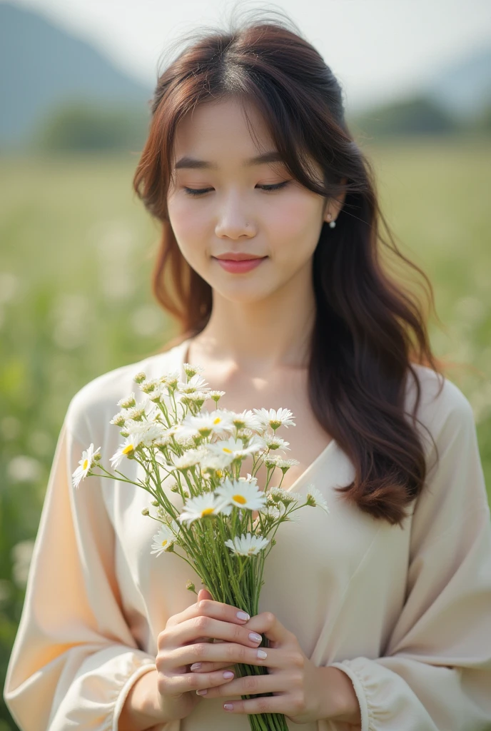 The pretty Asian woman was holding the flowers in her hands, Korean Model, real photo style, full body shot