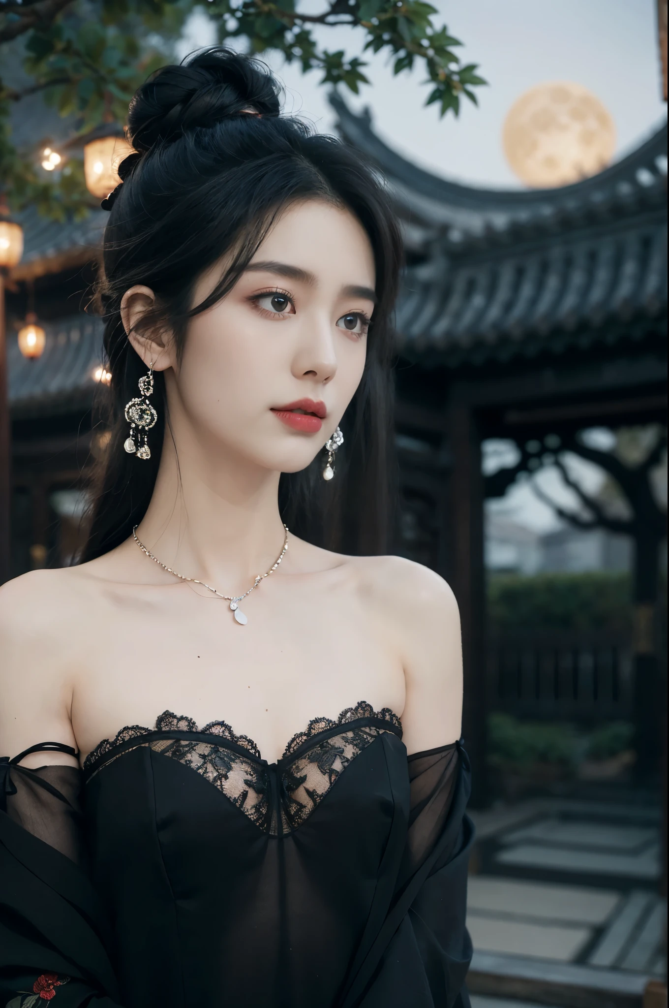 (((best quality))),(((ultra detailed))),(((masterpiece))),illustration,((1 beautiful girl,solo)),(bun hair:1.2),(Ghostly makeup:1.3),(fair skin:1.5),(red lips:1.2),((earrings,necklace)),((slim,thin)),((small breasts,flat chest)),(strapless black floral embroidered lace bra:1.5),(A huge moon in the sky:1.3),(moonlit Chinese garden courtyard:1.3),(Ghost Festival:1.3),(Ghostly flames are drifting in the air:1.3),elegant and sophisticated,intricate patterns,curves,dark color,striking visual appeal,ethereal,enchanting,ghostly black blossoms,swaying branches,stone pathways,moss,eerie shadows,ancient pavilion,intricate wooden structure,mystery and intrigue,cicadas chirping,auditory symphony,embodiment of the festival's spirit,bathed in the moon's glow,delicate features,raven-black hair,waterfall of darkness,moon's luminance,captivating allure,sleek fabric,clung to frame,accentuating curves,highlighting beauty,striking appearance,ethereal beauty,hauntingly beautiful scene,captured essence,blend of beauty and mystery,(night scene:1.3),((from front,close-up of face))