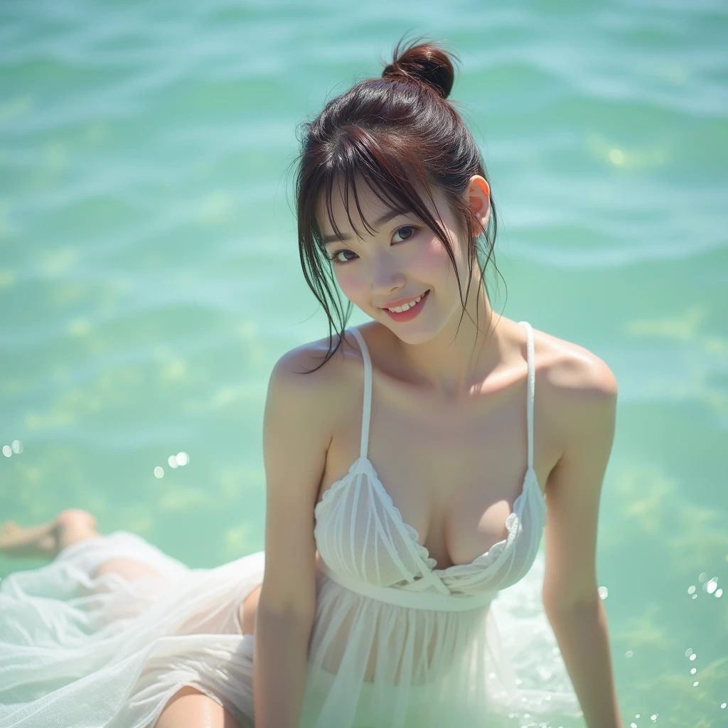 8k,RAW photo,ultra high res,realistic photo, Under bright sunlight, featuring a skinny Japanese woman with tied up short, fluffy brown hair, thin body and flat chest, leaning forward in the sea, wearing a playful, low-cut white airy relaxing dress, she is soaking up to her waist and the water floating up her skirt, Her dress had slipped down from one side, leaving her chest loose. her nipples slipped out from dress, seducing smile, nsfw