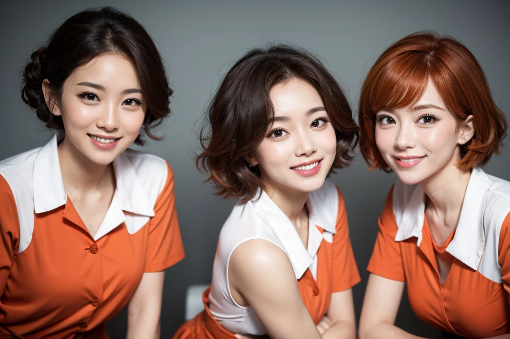 two sexy women in nurse outfits who are wives of 4 years old boy, looking at camera cute smiles, happy opened mouths, close up faces portrait, short curly orange hair, view from below