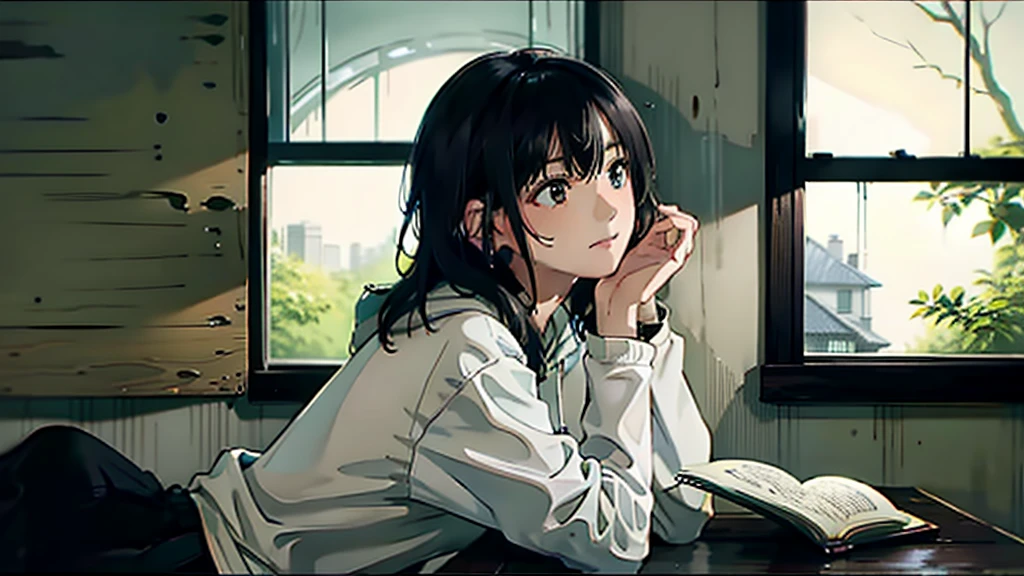 his is a cozy interior scene with a young woman sitting alone. She has medium length black hair and is wearing a light colored hoodie. She is sitting by a wooden table and facing a large window. It is raining outside the window and raindrops are dripping lightly on the glass. The scene is night. Outside, residential buildings and lush green foliage are vaguely reflected in the background. The overall mood is quiet, introspective, and peaceful, capturing a moment of quiet solitude. A woman seems lost in thought, her hand resting on a book or journal open on a table. The environment is filled with muted hues, creating a pleasant atmosphere characteristic of the "LoFi" style.