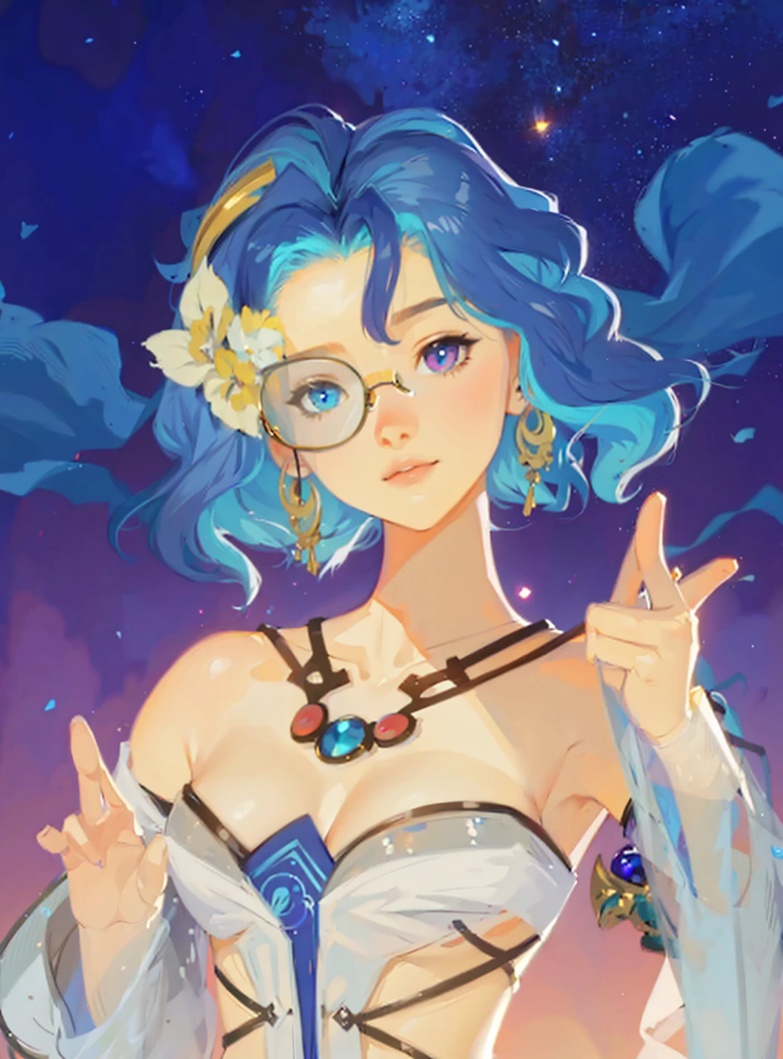 ((Best Quality, 8K, Masterpiece: 1.3)), best quality, ultra high res, a woman with blue hair and glasses holding a peace sign, beautiful celestial mage, stylized anime, portrait knights of zodiac girl, cushart krenz key art feminine, digital anime illustration, official character art, anime style. 8k, anime stylized, artwork in the style of guweiz, made with anime painter studio, anime in fantasy style