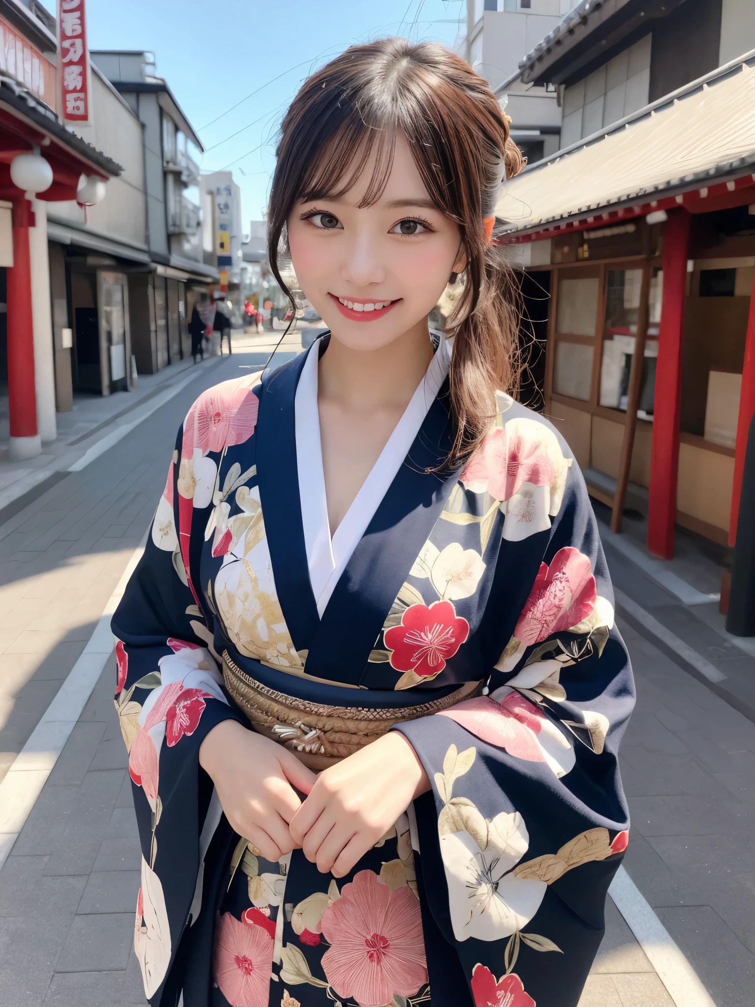 1girl, solo, highres, best_quality, masterpiece, detailed_background, intricate_details, beautiful, tokyo, asakusa, skytree, traditional_clothes, kimono, smile, looking_at_viewer, dynamic_pose, natural_pose, candid, happy