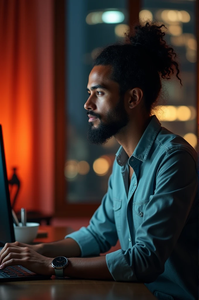 a a 35 yo man from United Arab Emirates in modern, siting in her office, using her computer, macbook comuter (best quality,4k,8k,highres,masterpiece:1.2),ultra-detailed,(realistic,photorealistic,photo-realistic:1.37),HDR,studio lighting,extremely detailed face and body, portrait,cinematic lighting,dramatic lighting,warm color tones,dramatic colors