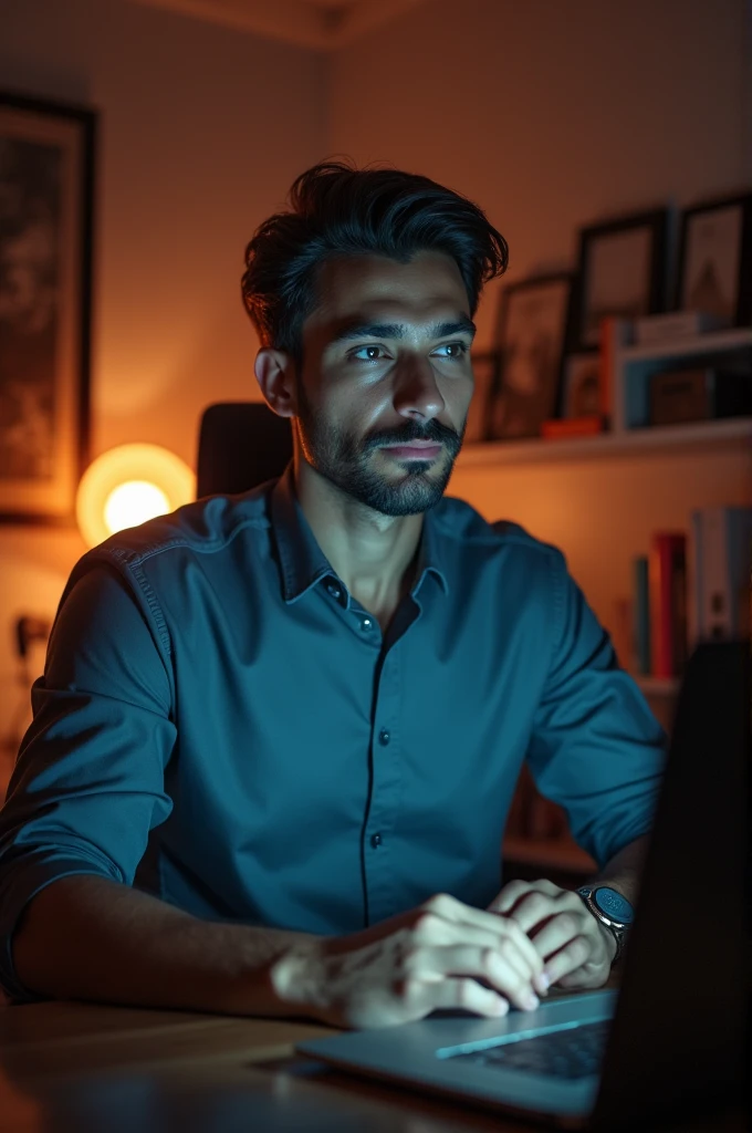 a a 35 yo man from United Arab Emirates in modern, siting in her office, using her computer, macbook comuter (best quality,4k,8k,highres,masterpiece:1.2),ultra-detailed,(realistic,photorealistic,photo-realistic:1.37),HDR,studio lighting,extremely detailed face and body, portrait,cinematic lighting,dramatic lighting,warm color tones,dramatic colors