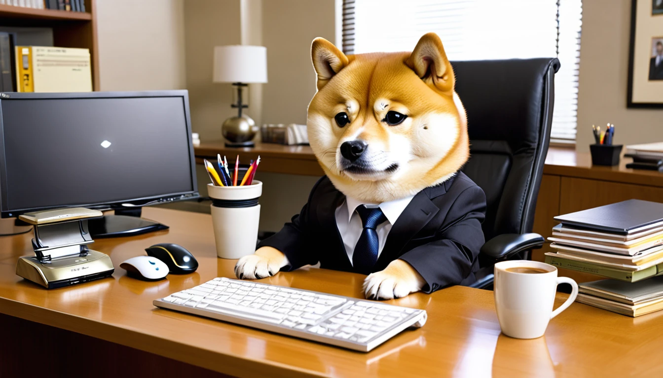 Doge,  Shiba Inu, small suit, office desk, computer, satire, self mockery, inner baby, internet culture, Meme ,highres,ultra detailed,best quality,masterpiece