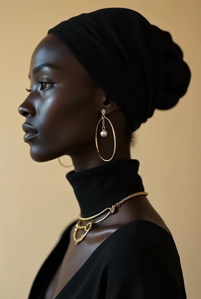 black model wearing gold thin jewelry inspired by the film Dune aesthetic, modern total black look, soft and delicate jewelry design, light beige studio background, sophisticated elegance, light beige color palette, fashion photography, highly realistic, captured on Phantom High Speed camera