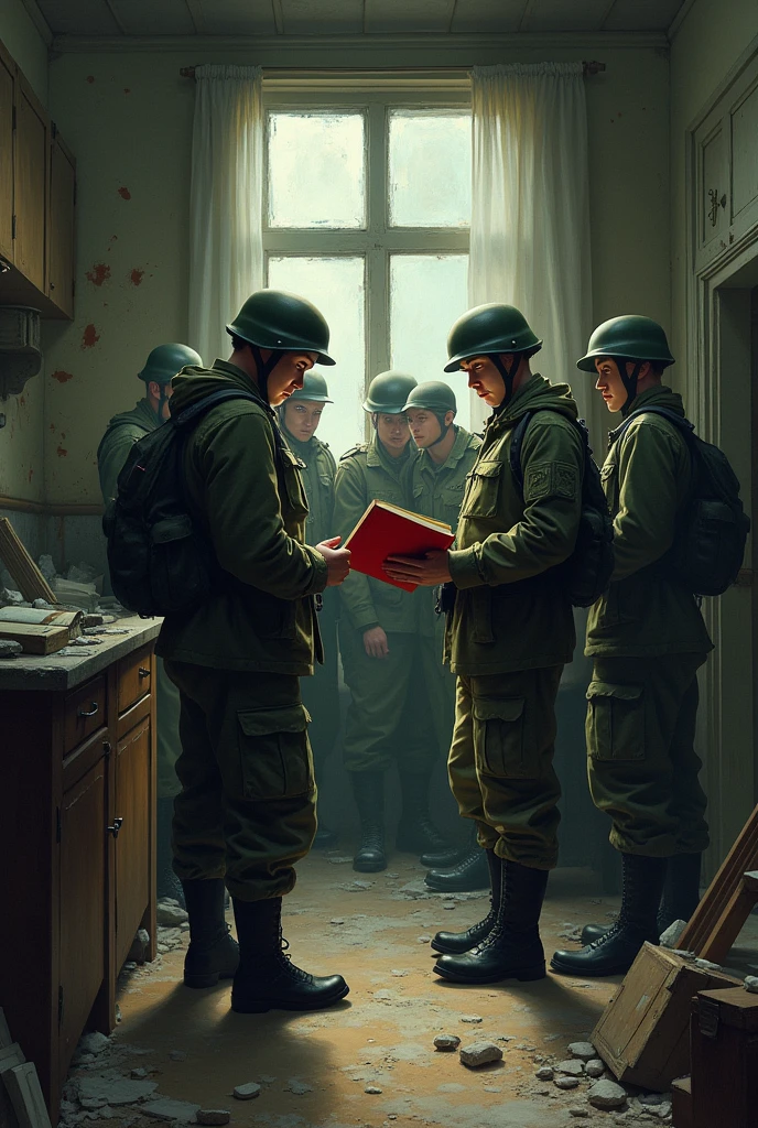 peaking into soldiers, seeing the soldiers holdimg a red book and inside the house is dirty