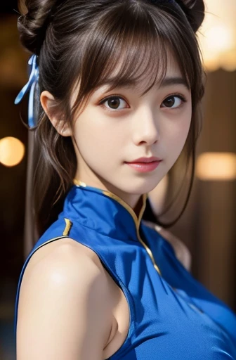 masterpiece、1 beautiful girl、Beautiful Eyes、Puffy eyes、Highest quality, 超High resolution, (reality: 1.4), Cinema Lighting、Japanese、Asian Beauty、Korean、so beautiful、Beautiful Skin、Body facing forward、Face close-up、(超reality的な)、(High resolution)、(8k)、(Very detailed)、(美しくBeautiful Eyes)、(Very detailedな)、 (wall-)、Detailed face、Bright lighting、Professional Lighting、Looking at the audience、Look straight ahead、Diagonal bangs、Nogizaka Idol、Korean Idol、masterpiece, Highest quality, masterpiece, Highest quality, Perfect Face, Perfect brown eyes with white sclera, Bad move - 5, alone, 1 girl, Upper Body, Brown Hair, From SF2, Chinese Language Services, smile, Wide Hips, Muscular Woman, Blue clothes, pantyhose, Pelvic Curtain, puffy short sleeve, bun cover, sash, evaluation:safety, Shen, Chun-Li
