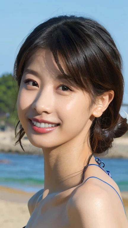 masterpiece, Highest quality, Very detailed, 複雑に詳細なSuper detailed, Realistic, Sharp features, Very detailed, Sharp focus, Perfect Face, Perfect symmetrical eyes, Perfect Plump Lips, Super detailed, hyper Realistic, High resolution, (Random Pause), Fashion Model, thin, Japanese Idols, Sexy Girls, Perfect body, (Micro Bikini:1.2), stylish, Realistic, PhotoRealistic:1.3, Beautiful Face, Light brown hair, Messy Hair, Beautiful hairstyle, (Grin), Beach,