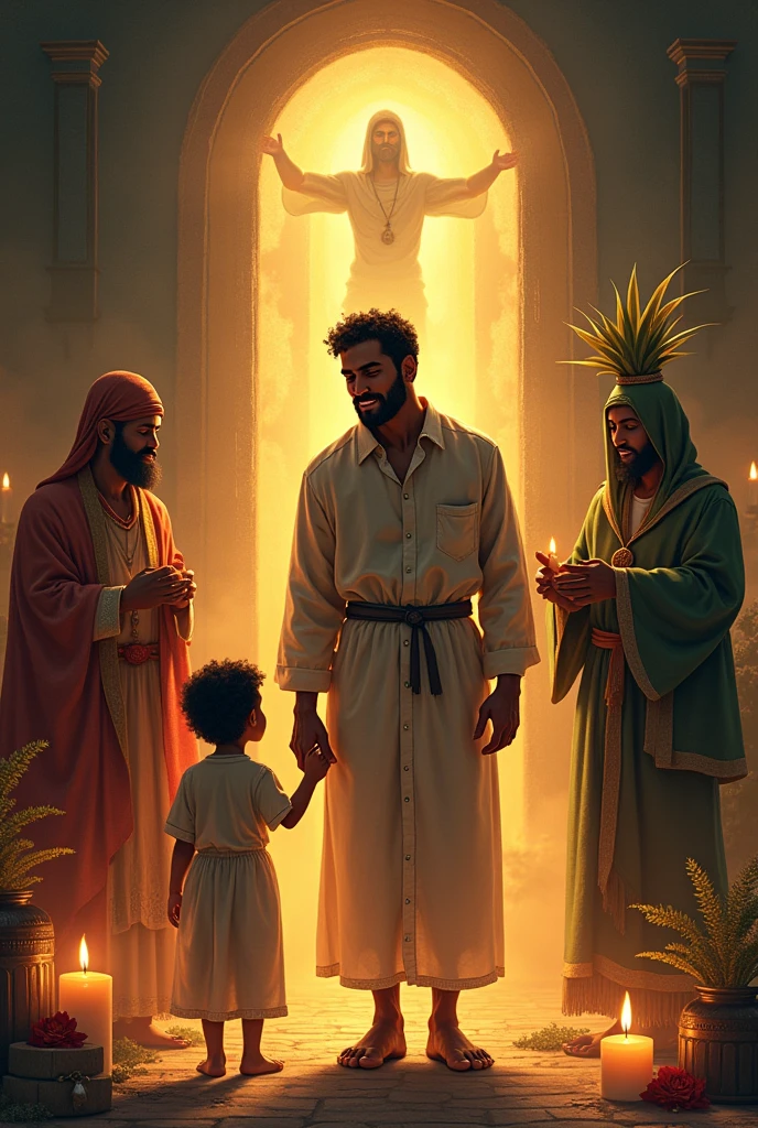 For a Father's Day art with an Umbanda meaning, Could you create an image that shows the figure of a father being blessed by protective and wise entities of Umbanda?.
Here's an idea:
Concept of Art:
- fund: A background that refers to a terreiro, with elements such as candles, rue leaves and images of Oxalá, which is associated with peace and paternal welcome.
- Central Figure: A father, of serene and happy appearance, holding a 's hand. The child can symbolize continuity, the spiritual heritage and teachings that are passed on.
- entities: Ao redor deles, figures of Pretos Velhos can be included, symbolizing ancient wisdom and loving counsel, and Caboclos, representing protection and strength. These entities could be in a position of blessing, with gestures of protection and guidance.
- texto: A sentence like "In Umbanda, every father carries the blessing of the ancestors and the protection of the guides. happy fathers day!"
This art can convey the idea that parents, within Umbanda, are seen as figures protected and guided by spiritual entities, reinforcing the link between spirituality and parenting.