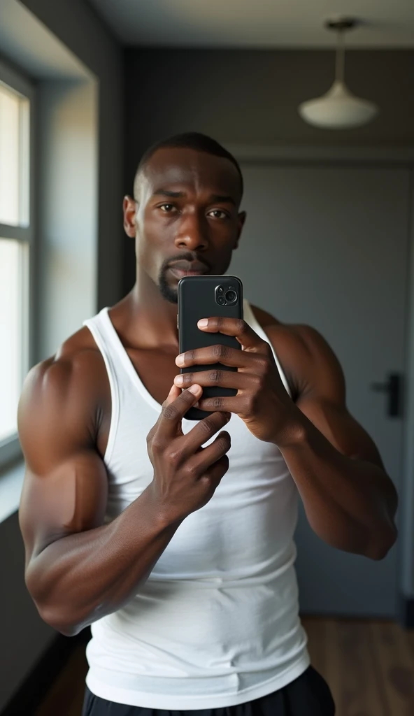 A muscular black man with broad shoulders and a white tank top doing fitness takes a selfie in the mirror