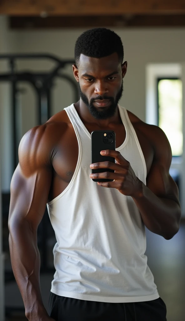A muscular black man with broad shoulders and a white tank top doing fitness takes a selfie in the mirror