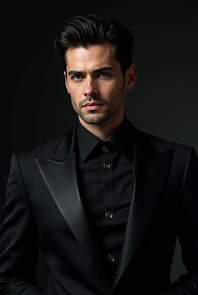 A handsome black-haired man wearing a black suit