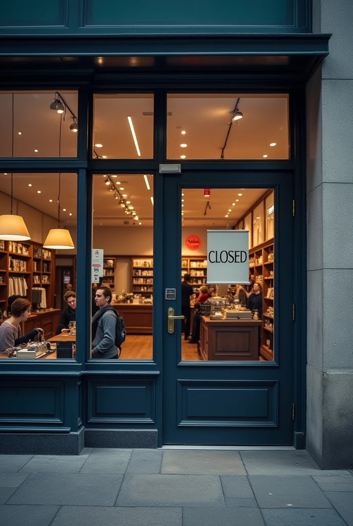 Create an image showing a closed store. The scene must include a sign on the store door or window indicating that it is closed., like a sign that says 'Closed' or 'Closed'. You can show the blinds down or the doors locked., and perhaps a display case or window with the lights off. The setting can be on a shopping street or a shopping center., with little or no activity around to suggest the store is closed for the day. The atmosphere should reflect a sense of inactivity and closure., with a feeling that the store is not operational at that time detailed, masterpiece, Best Quality, High resolution{