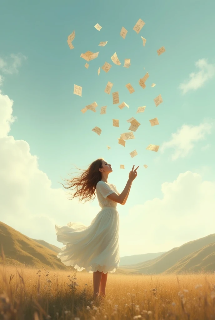 Woman throwing letters into the sky