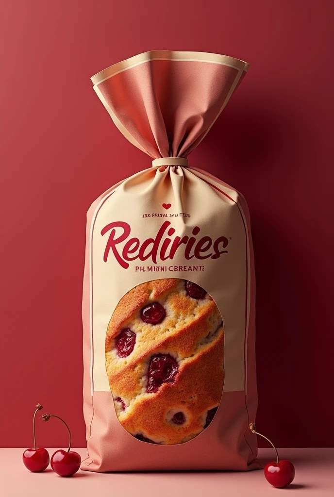 Create a pack plastic of baked cherrie bread and brand it "rediries"