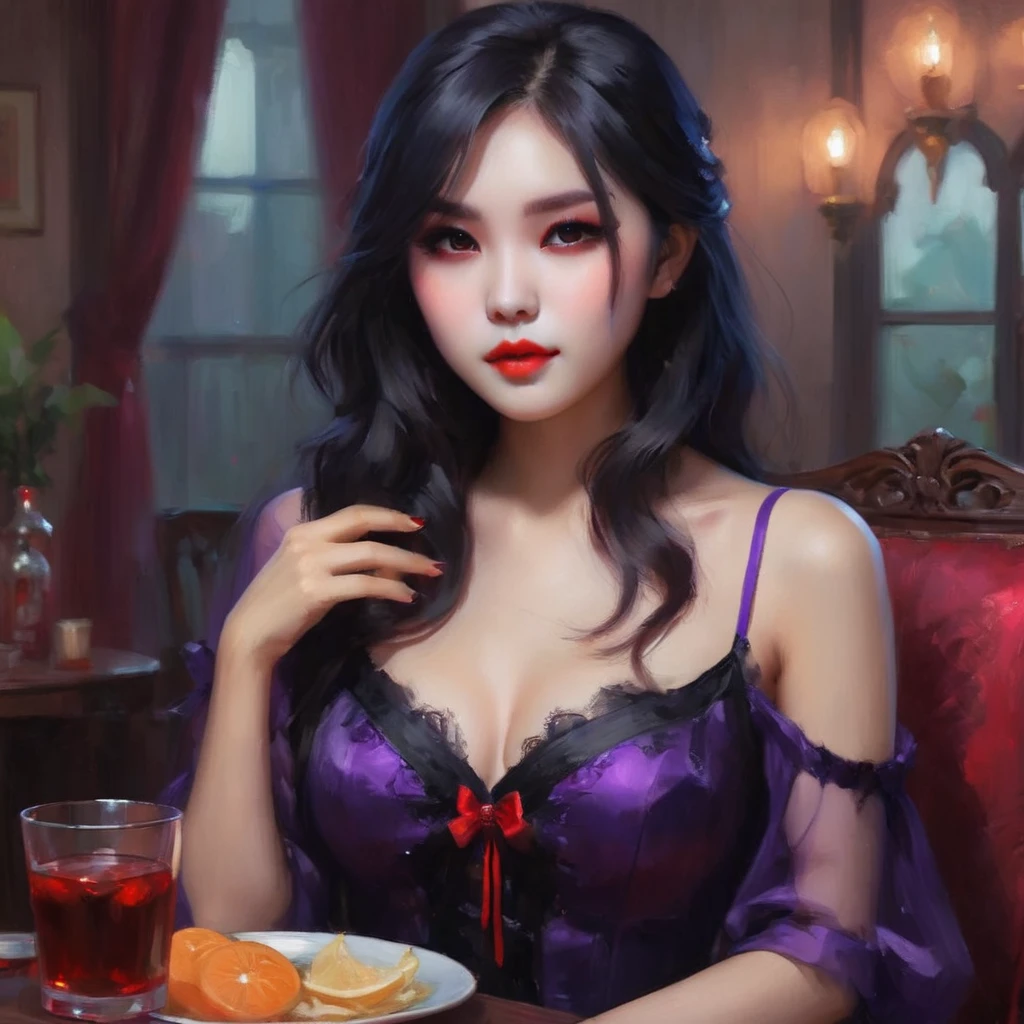 A cute sad vampire girl (Vietnamese, age 25, waif, waist length hair, violet eyes), sheer outfit, sultry pose, she just wants to drink viewers blood, why so shy?