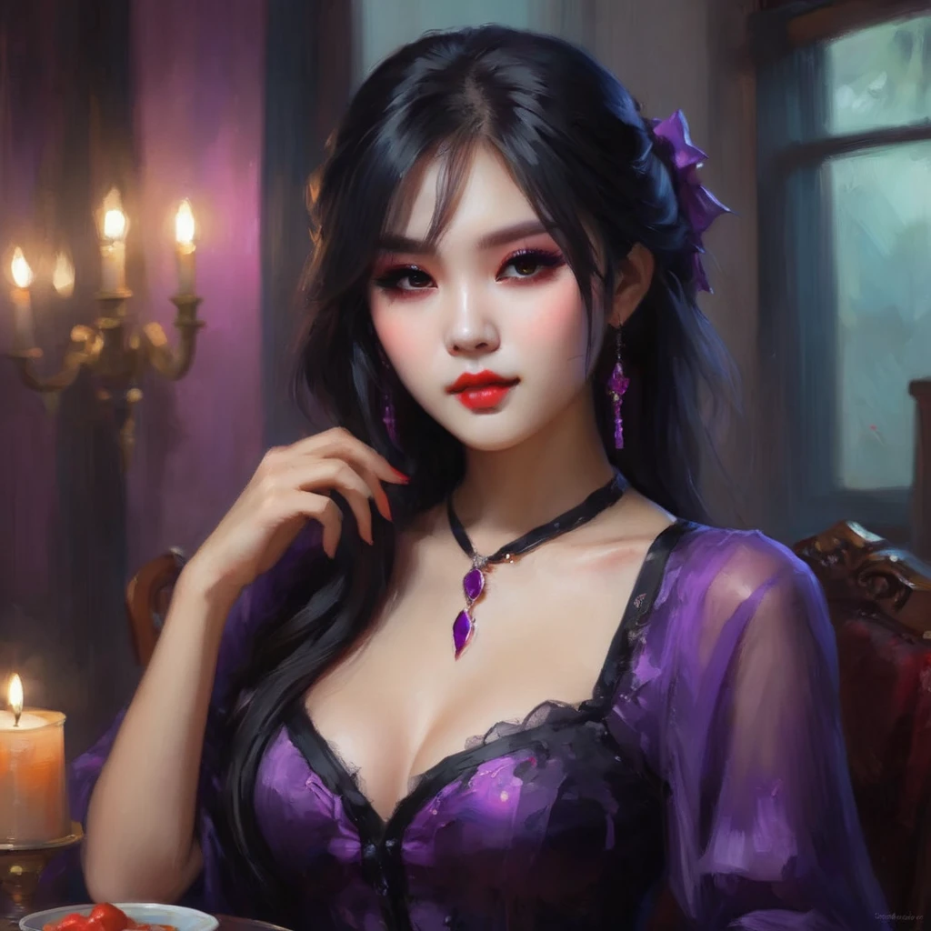 A cute sad vampire girl (Vietnamese, age 25, waif, waist length hair, violet eyes), sheer outfit, sultry pose, she just wants to drink viewers blood, why so shy?