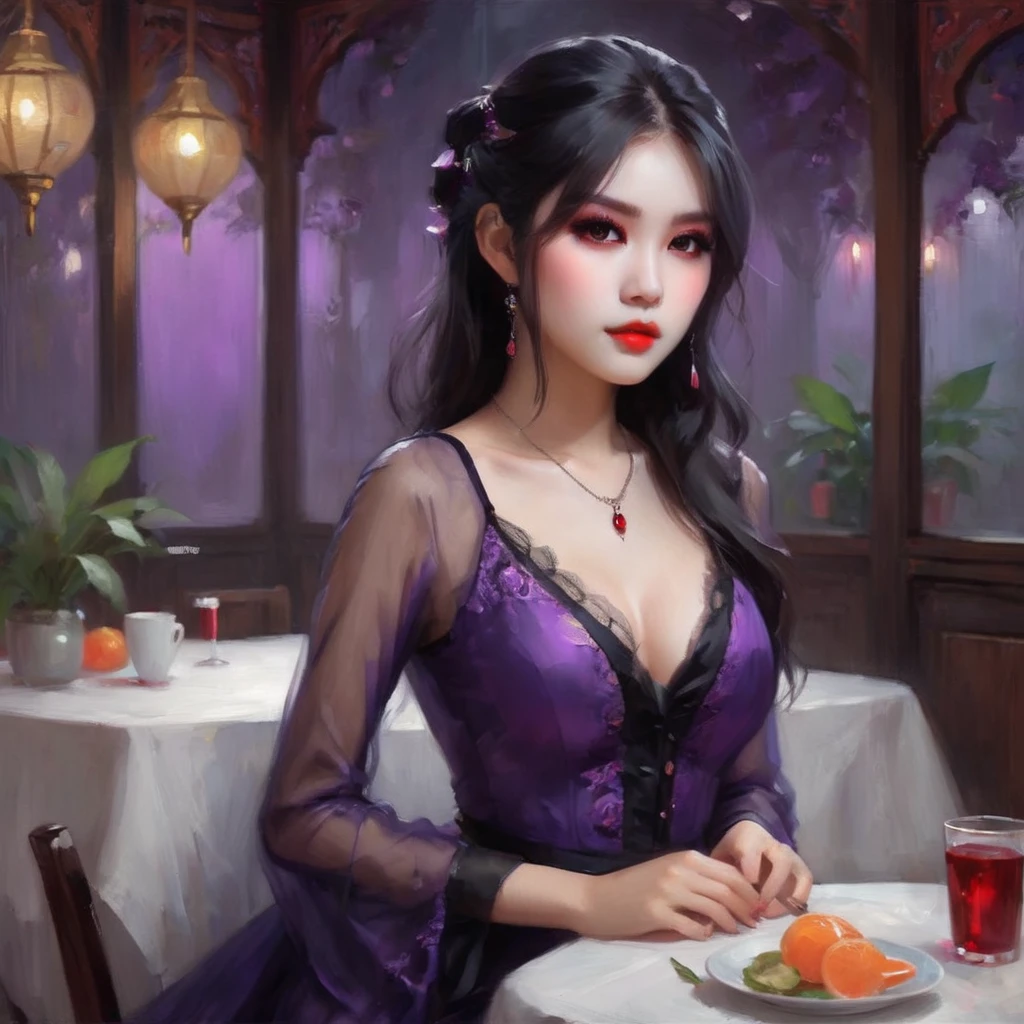 A cute sad vampire girl (Vietnamese, age 25, waif, waist length hair, violet eyes), sheer outfit, sultry pose, she just wants to drink viewers blood, why so shy?