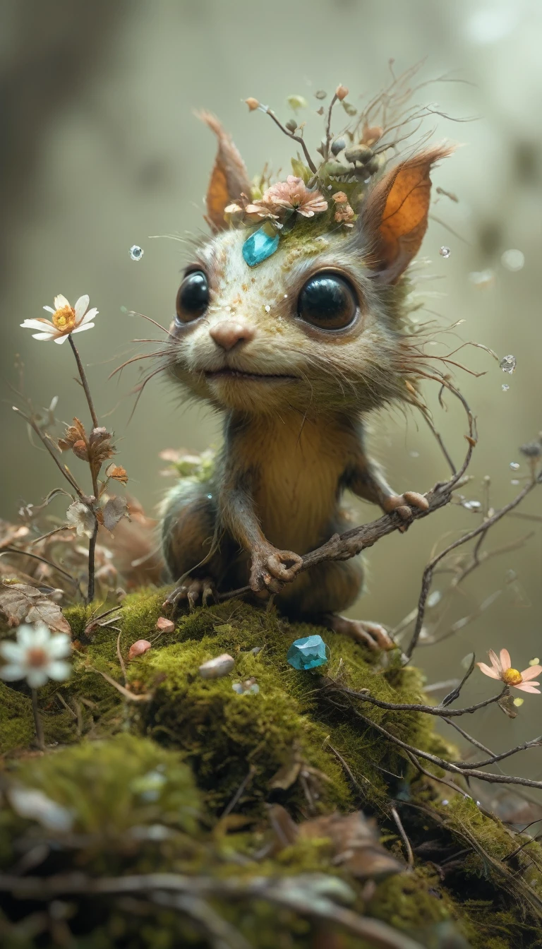 Forest creature looking for a mate, twigs, flowers, gems, crystals, lights, hope, super high resolution, glossy, realistic, 3D, squirrel fairy photo taken with National Geographic's Biome camera, dancing happily