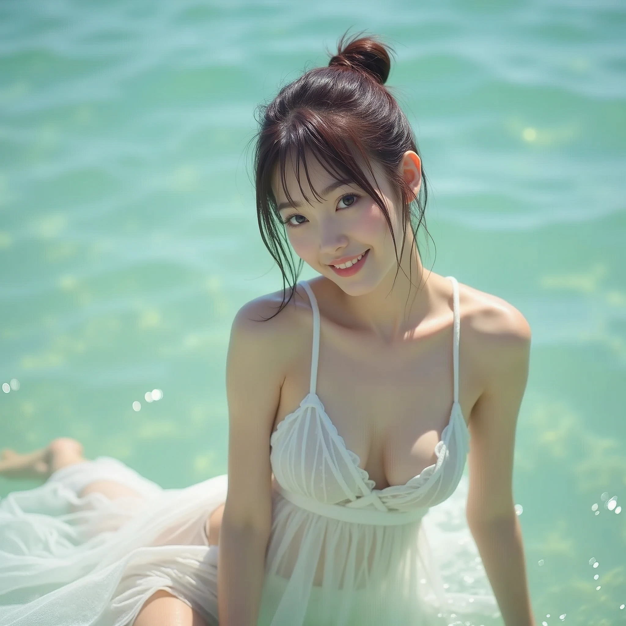 8k,RAW photo,ultra high res,realistic photo, Under bright sunlight, featuring a skinny Japanese woman with tied up short, fluffy brown hair, thin body and flat chest, leaning forward in the sea, wearing a playful, low-cut white airy relaxing dress, she is soaking up to her waist and the water floating up her skirt, Her dress had slipped down from one side, leaving her chest loose. her nipples slipped out from dress, seducing smile, nsfw

