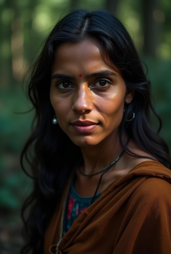 portrait of an indian village woman in forest in Himachal pradesh, clear facial features, Cinematic, 35mm lens, f/1.8, accent lighting, global illumination
