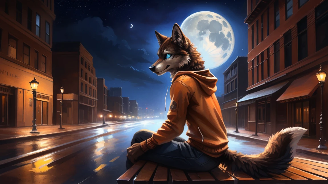 ((Solo)), male people, anthro wolf, (Multi-colored fur, White-brown:1.3), ((Wolf face, Big eyes, White eyelids, Blue pupil, Slim:1.2) (Tough, Calm expression:1.2)), (Height 2.1 meters,Tail length 1.5m), Abs, Slim, pinging, (Correct anatomy), (Contour bone:1.2), (detailed outfits), (Orange hoodies), a long large tail,Feet,(Realistic fur, Detailed fur texture, labeled:1.3)), (Natural lighting), Photorealistic, Hyperrealistic, ultradetailed, by Kenket,In the modern city, On the street, Sit on wooden bench,the night,Sit alone,Look at the full moon,It was dark,Starry