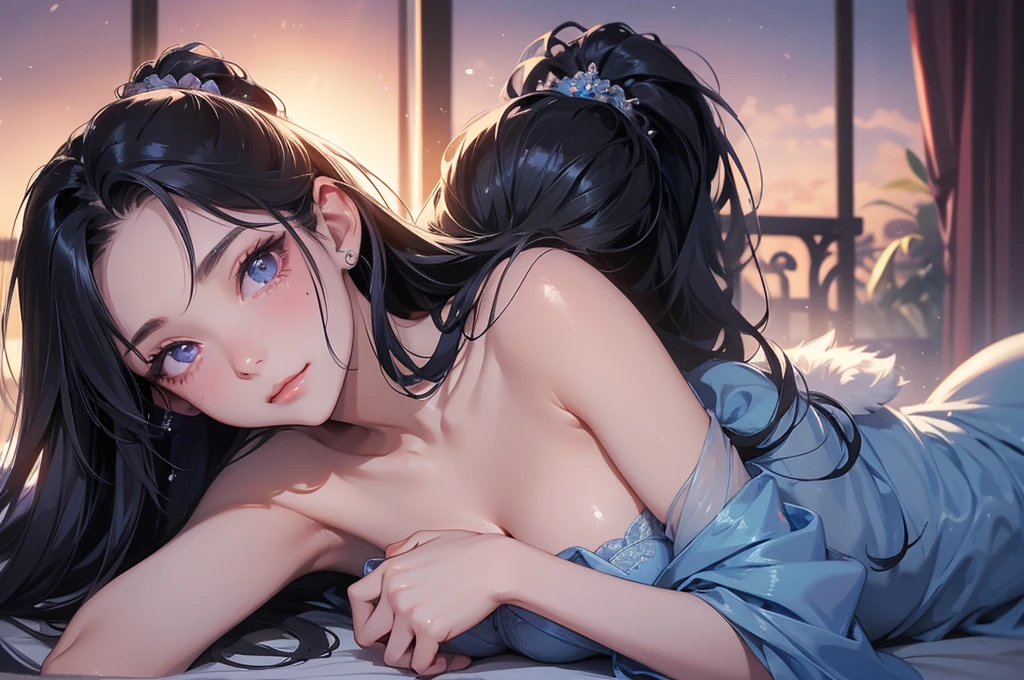 One beautiful girl、blue nightgown、Black Hair、High ponytail、Crying Mole、Mischievous Smile、Lie on your back、Beautiful breasts、dusk、super high quality、Highest quality、Masterpiece、Proper body structure、High angle