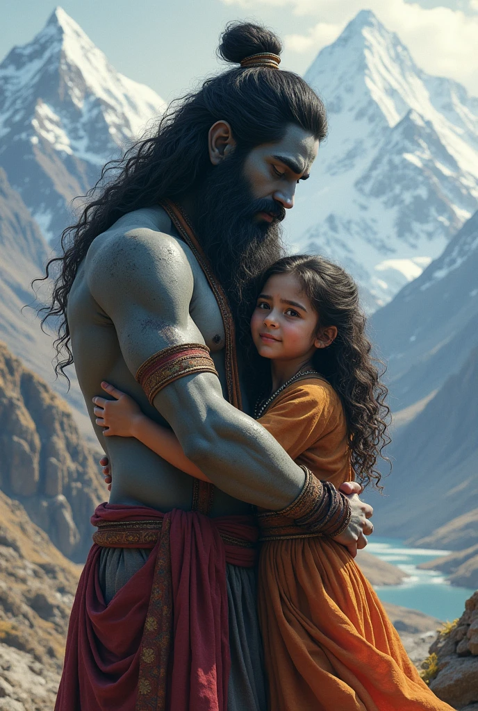 Girl, chubby, curly shoulder length side parted hair, hugging mascular aghori lord shiva, kailash mountain
